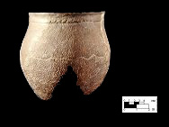Shepard reconstructed vessel with a close up view of  slashes along the rim strip on right, from the Shepard site 18MO3-SI Cat. #390889A. - Courtesy of the Smithsonian Institution, Museum of Natural History, Department of Anthropology.